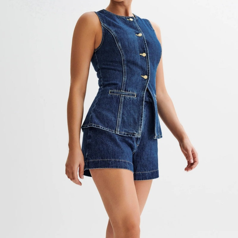 Women's Casual Denim Two-Piece Sleeveless Top & Shorts Set