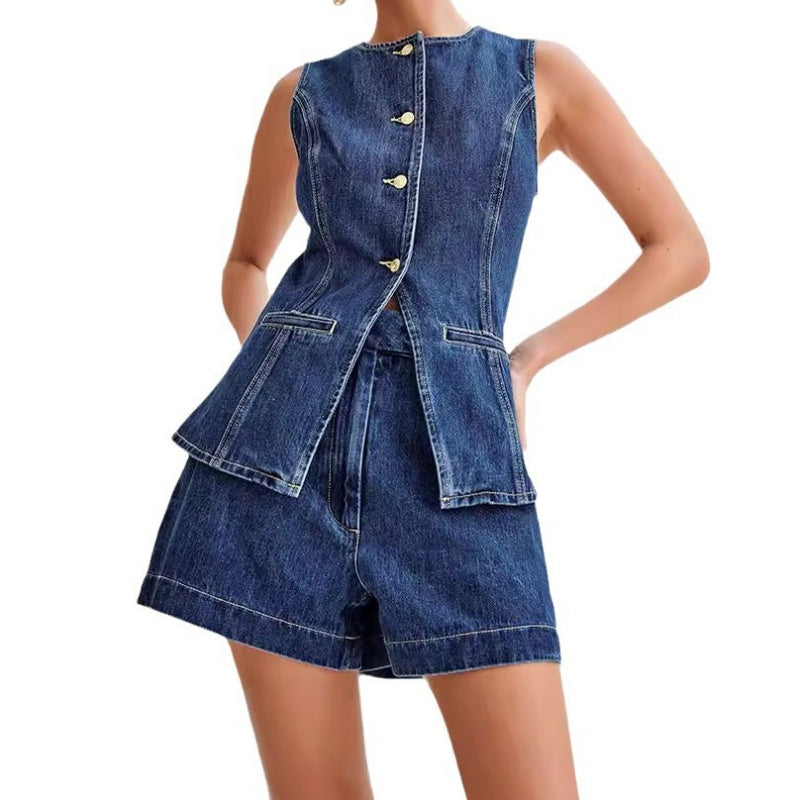 Women's Casual Denim Two-Piece Sleeveless Top & Shorts Set