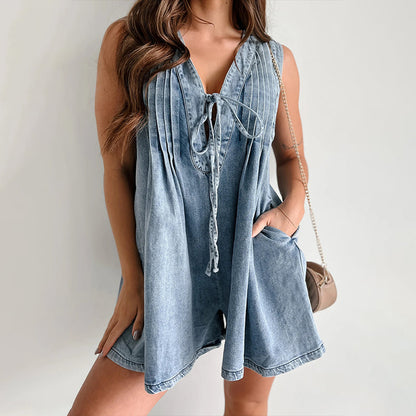 Women’s Casual Pleated Sleeveless V-Neck Denim Romper