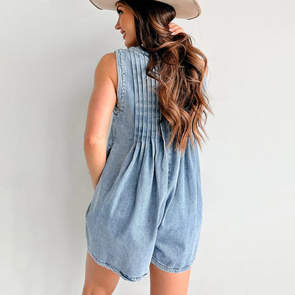 Women’s Casual Pleated Sleeveless V-Neck Denim Romper