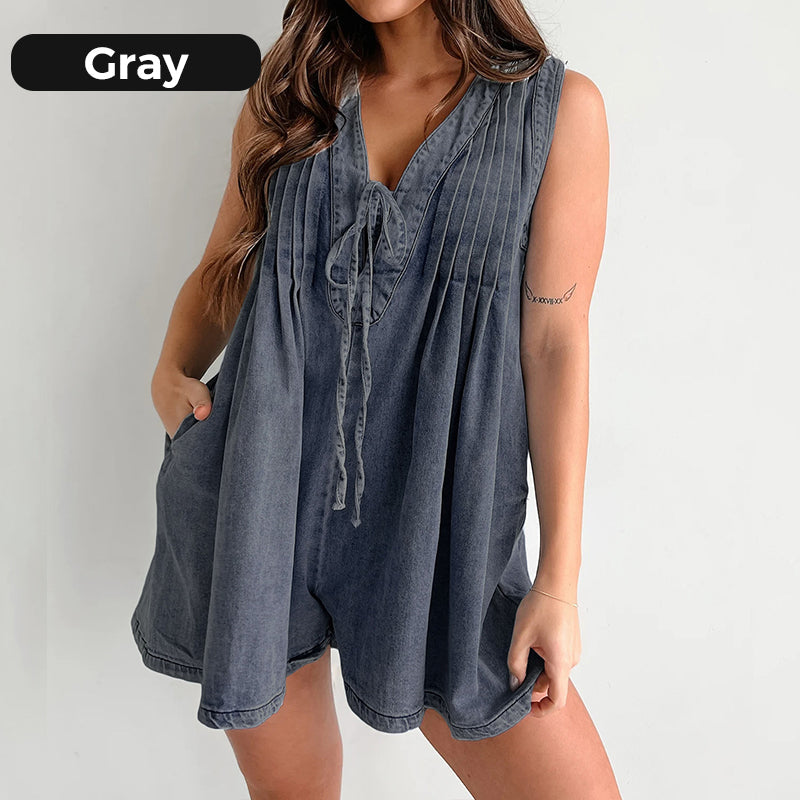 Women’s Casual Pleated Sleeveless V-Neck Denim Romper