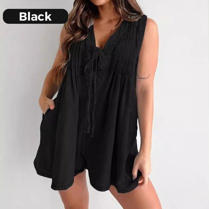 Women’s Casual Pleated Sleeveless V-Neck Denim Romper