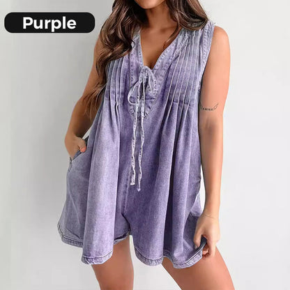 Women’s Casual Pleated Sleeveless V-Neck Denim Romper