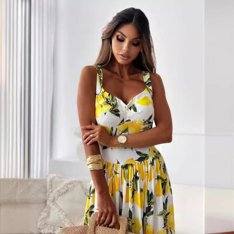 💕60% Off🍋Women’s Elegant Lemon Print Spaghetti Strap Flowy Long Dress