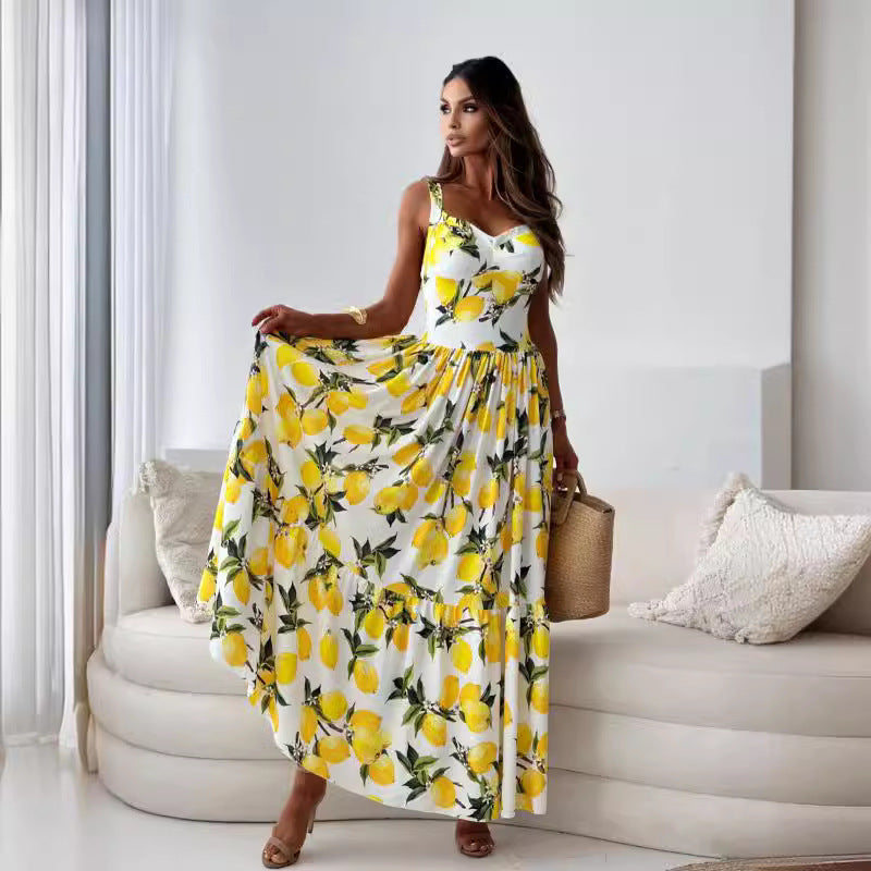 💕60% Off🍋Women’s Elegant Lemon Print Spaghetti Strap Flowy Long Dress