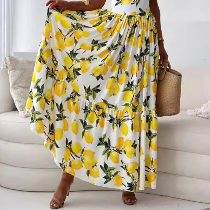 💕60% Off🍋Women’s Elegant Lemon Print Spaghetti Strap Flowy Long Dress