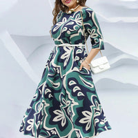 Fashion Printed Round Neck Belted Long Dresses