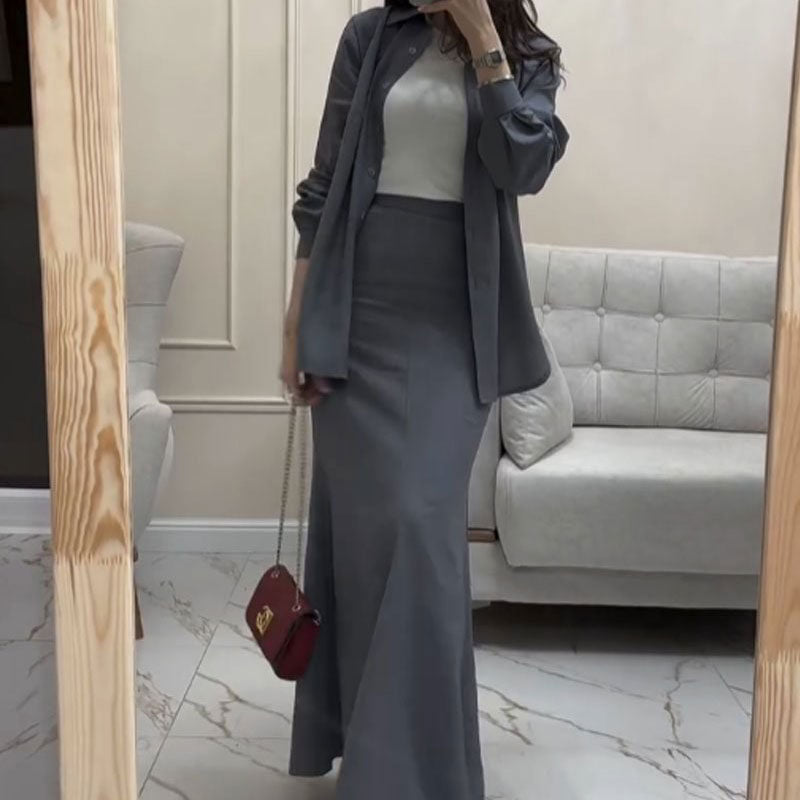 Gray Loose Shirt & Maxi Skirt Two-Piece Suit