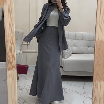 Gray Loose Shirt & Maxi Skirt Two-Piece Suit