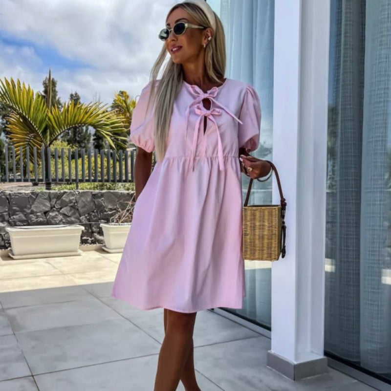 Women’s Trendy Solid Color Bow Tie Front Puff Sleeve Dress