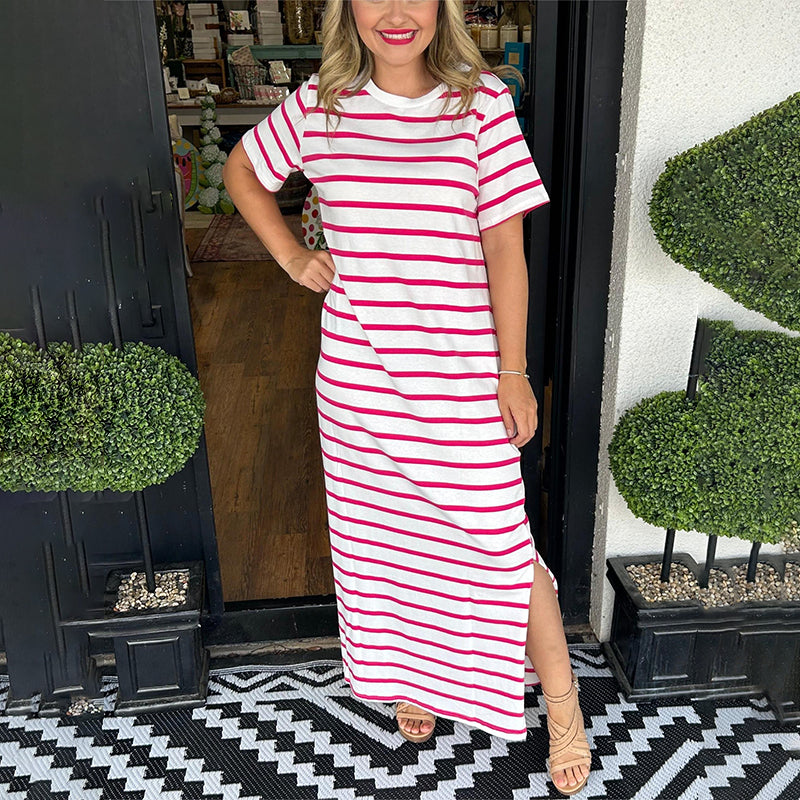 Round Neck Slit Hem Striped Maxi Dress