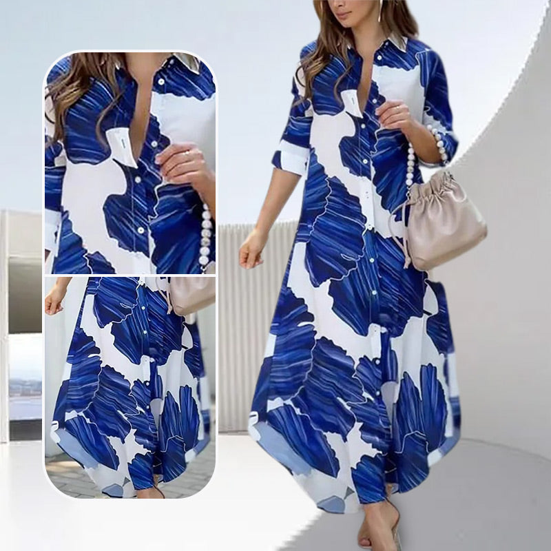 Floral Printed Long Sleeve Maxi Dress with Collar Flip