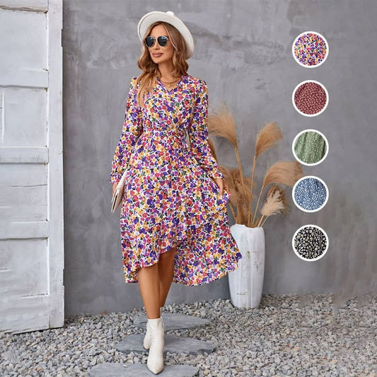 V-Neck Floral Irregular Hem Waist Cinching Dress