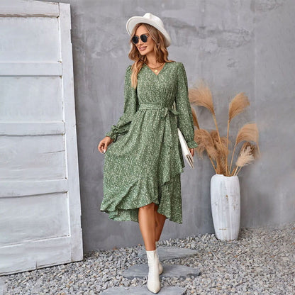 V-Neck Floral Irregular Hem Waist Cinching Dress