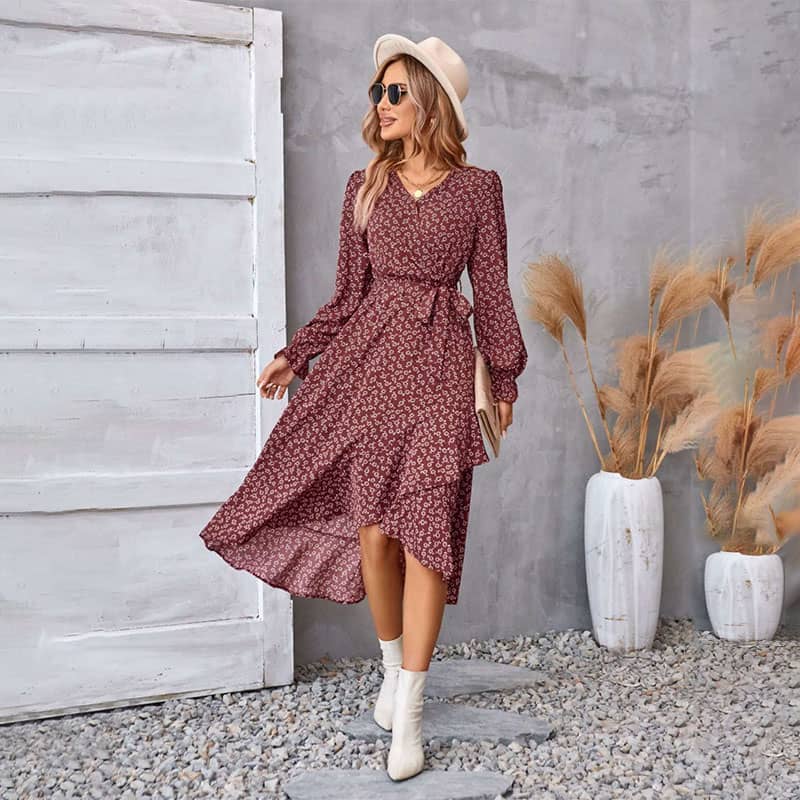 V-Neck Floral Irregular Hem Waist Cinching Dress