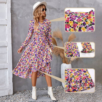 V-Neck Floral Irregular Hem Waist Cinching Dress