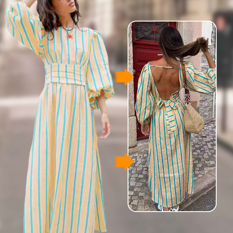 Fashion Breathable Vertical Striped Backless Dress