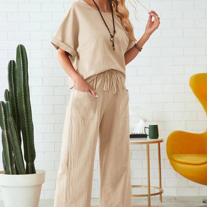 Solid Color Casual Top & Drawstring Pants 2-Piece Set