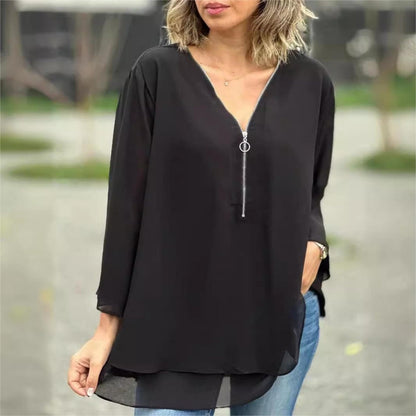 Double-Layer V-neck Zipper 3/4 Sleeves Soft Tops