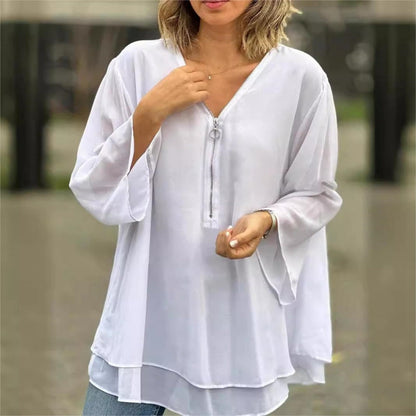 Double-Layer V-neck Zipper 3/4 Sleeves Soft Tops