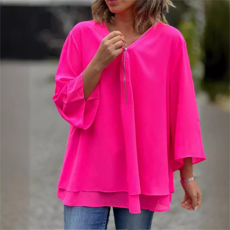 Double-Layer V-neck Zipper 3/4 Sleeves Soft Tops