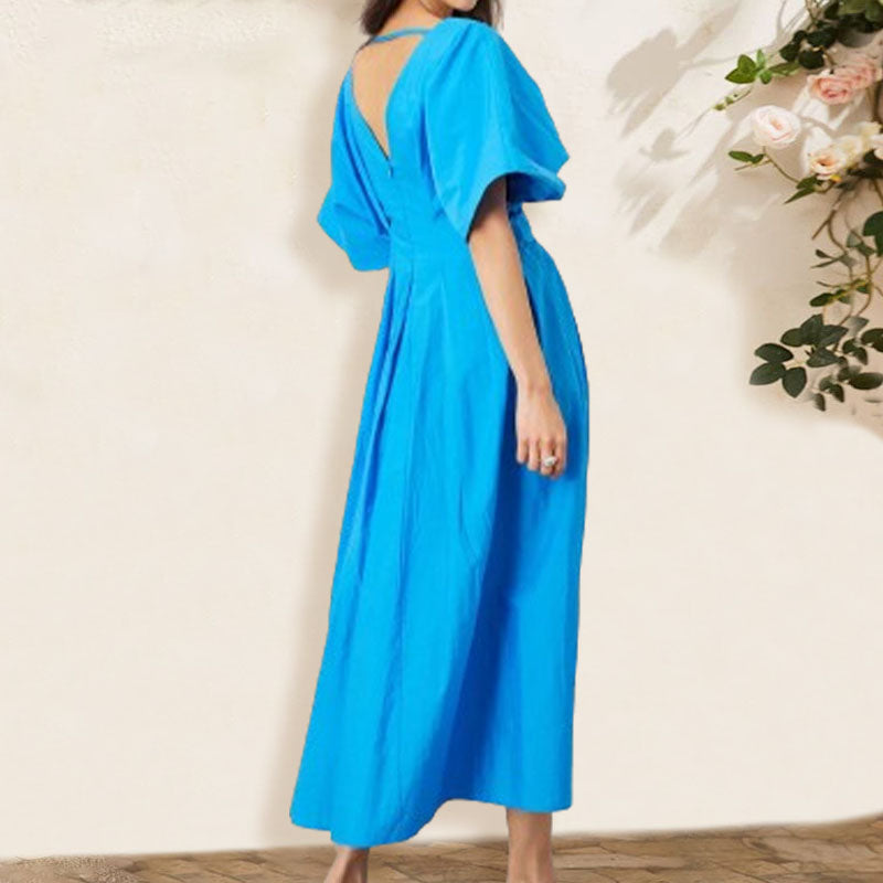 Fashion V-Neck Pleated Backless Long Dress