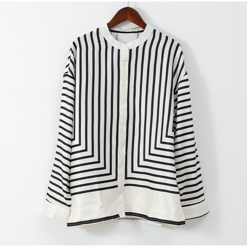 Casual Striped Round Neck Button Front Blouse