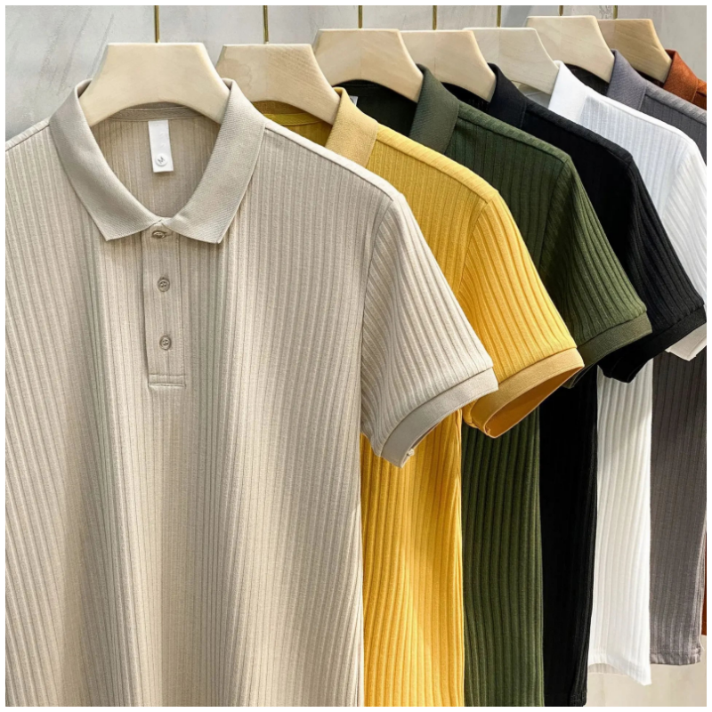 Men's Vertical Striped Knit Short-Sleeved T-Shirt with Lapel