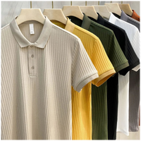 Men's Vertical Striped Knit Short-Sleeved T-Shirt with Lapel