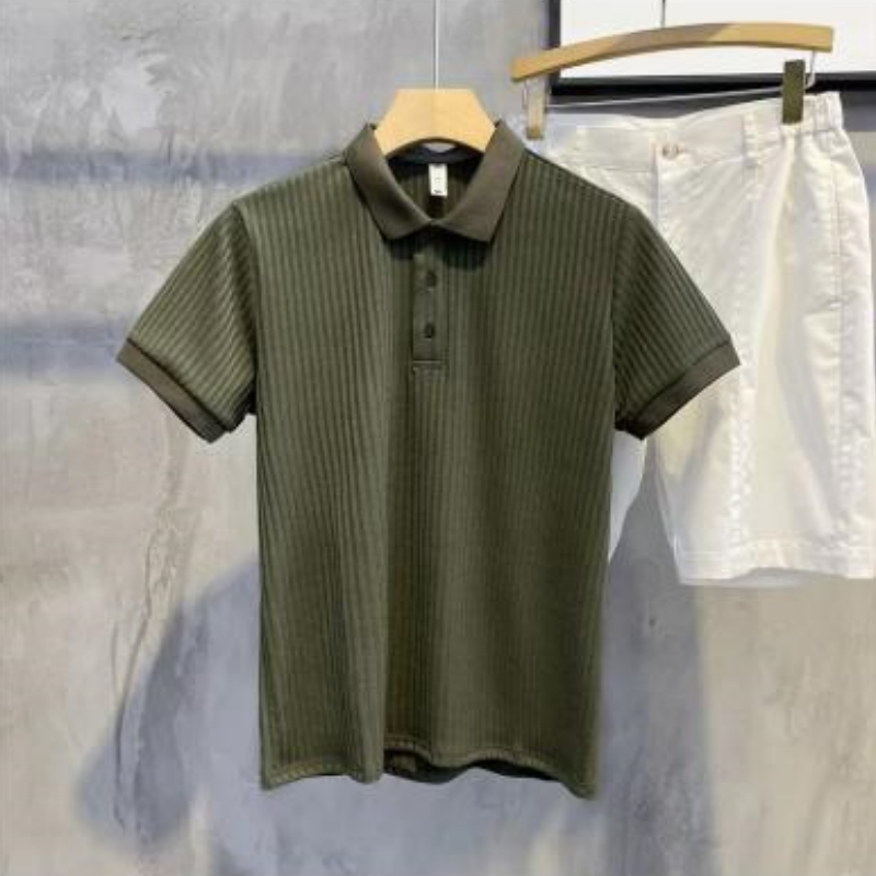 Men's Vertical Striped Knit Short-Sleeved T-Shirt with Lapel