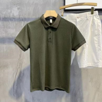 Men's Vertical Striped Knit Short-Sleeved T-Shirt with Lapel