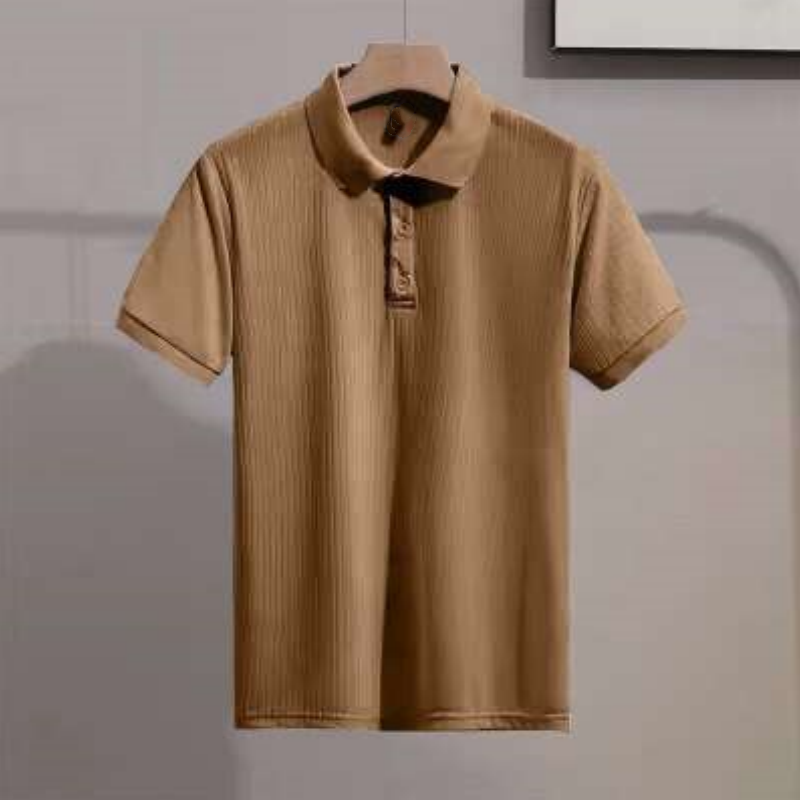 Men's Vertical Striped Knit Short-Sleeved T-Shirt with Lapel