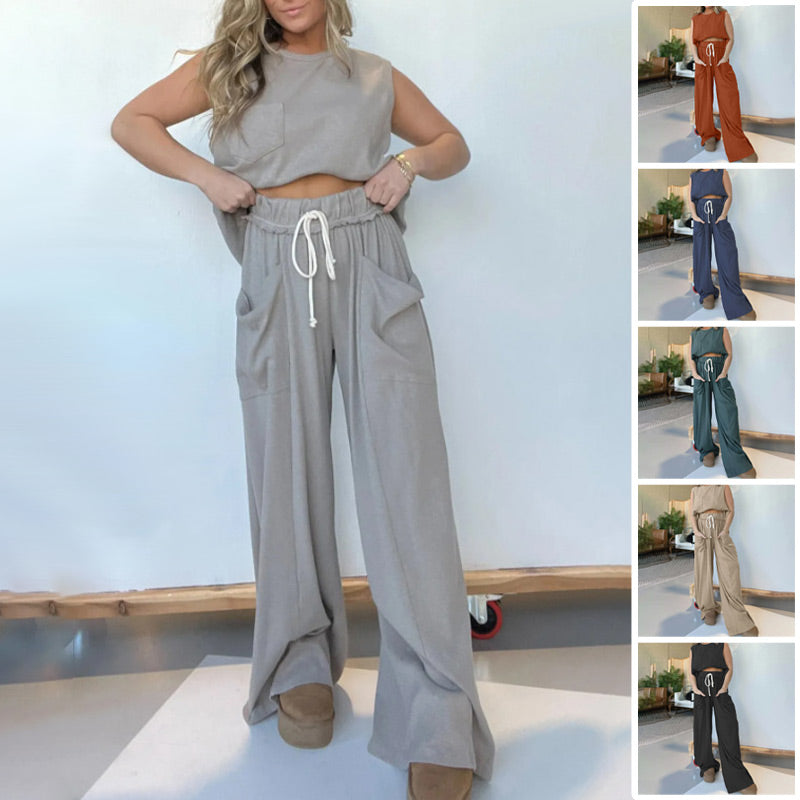 New Women's Sleeveless Tank Top Wide Leg Sweatpants Set