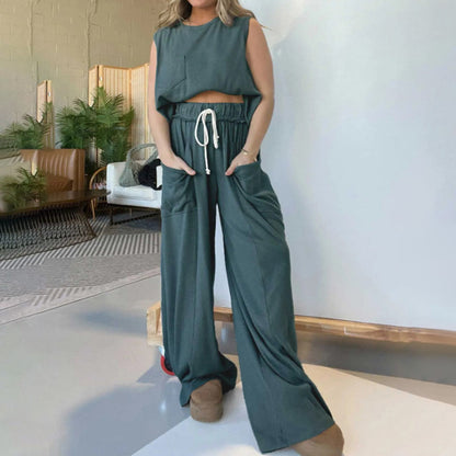 New Women's Sleeveless Tank Top Wide Leg Sweatpants Set