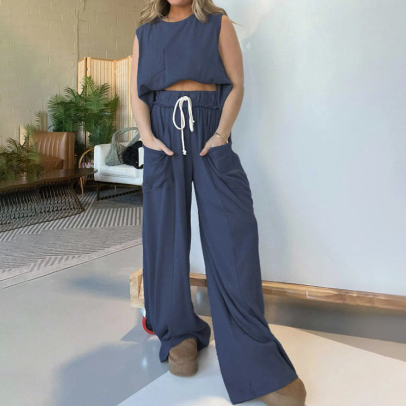 New Women's Sleeveless Tank Top Wide Leg Sweatpants Set