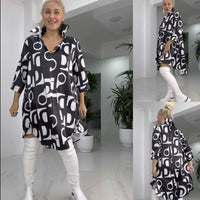 Fashion Printed V-Neck Lapel Collar Shirt Dress