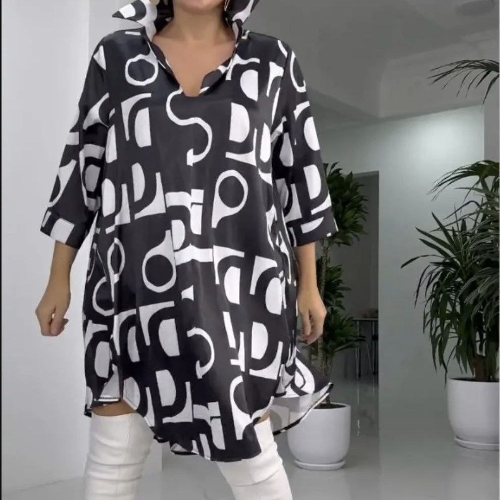 Fashion Printed V-Neck Lapel Collar Shirt Dress