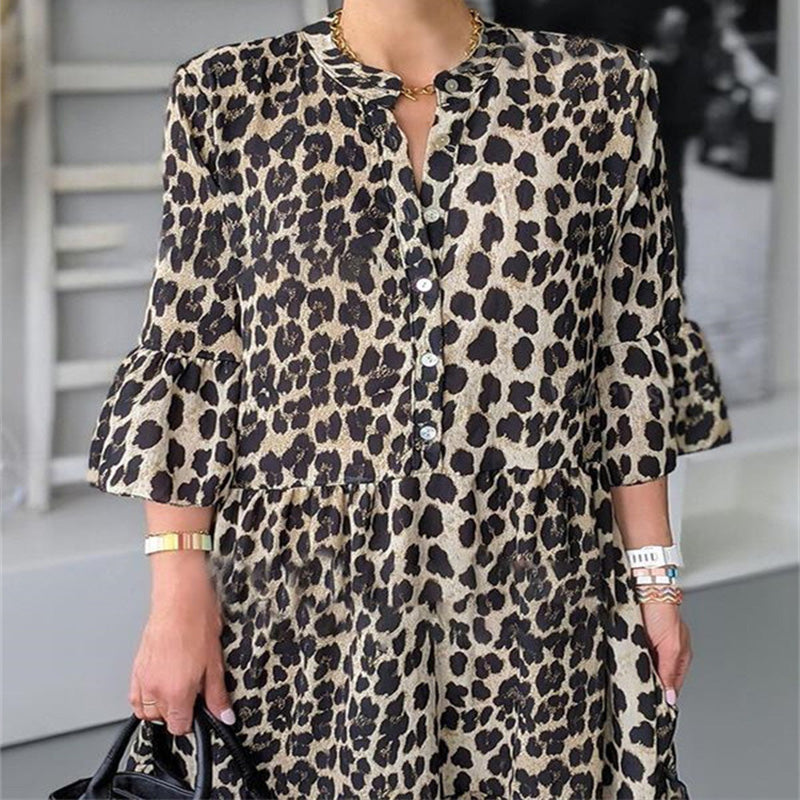 Casual Leopard Print Button Front Dress