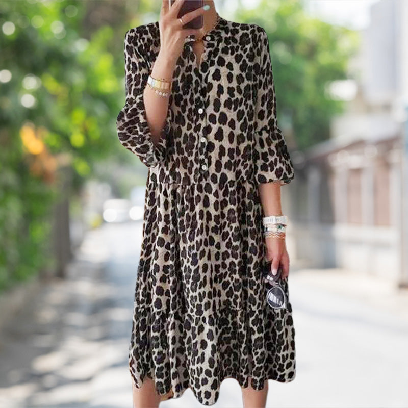 Casual Leopard Print Button Front Dress