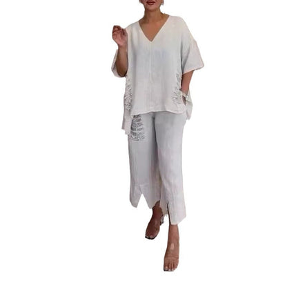 Women's Cotton Linen V-Neck 2-Piece Set