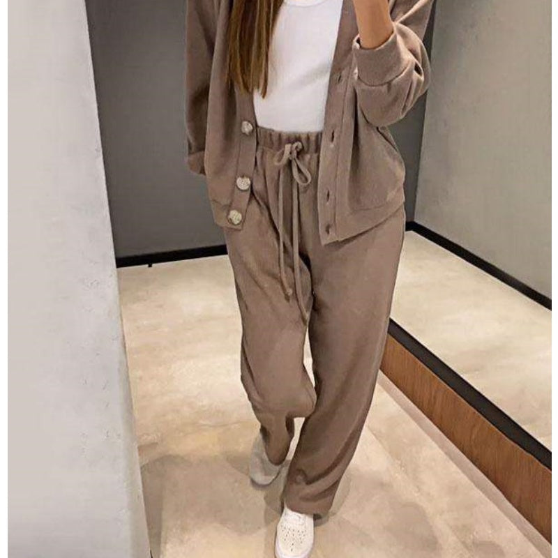 Women's Knitted Buttoned Jacket and Pants Two-piece Set