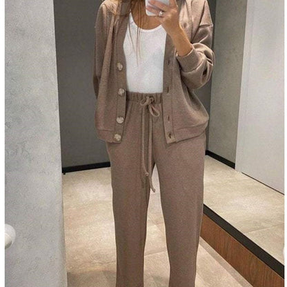 Women's Knitted Buttoned Jacket and Pants Two-piece Set