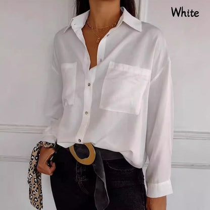 Women's Solid Lapel Long-Sleeve Button Down Shirts