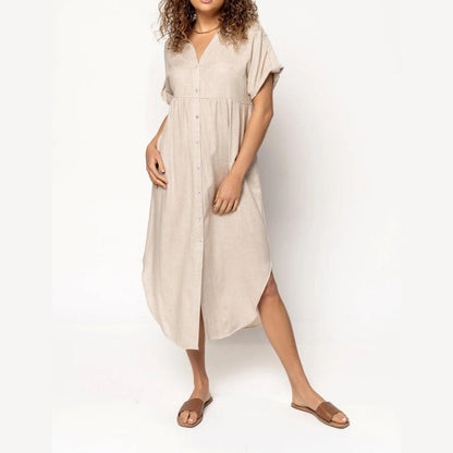 Women's Casual Loose Rolled Up Sleeve Button Down Shirt Dress