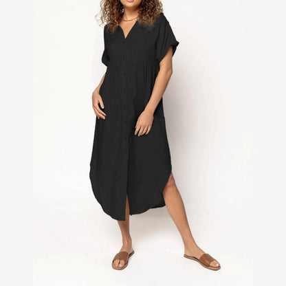 Women's Casual Loose Rolled Up Sleeve Button Down Shirt Dress