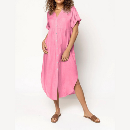 Women's Casual Loose Rolled Up Sleeve Button Down Shirt Dress