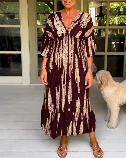 Mother's Day Hot Sale 🔥Casual Print V-Neck Waist Wrap Long Dress