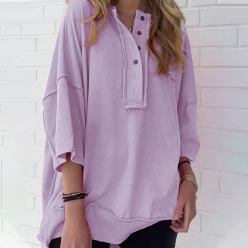 Solid Color Loose Fit Casual Half-Button Top