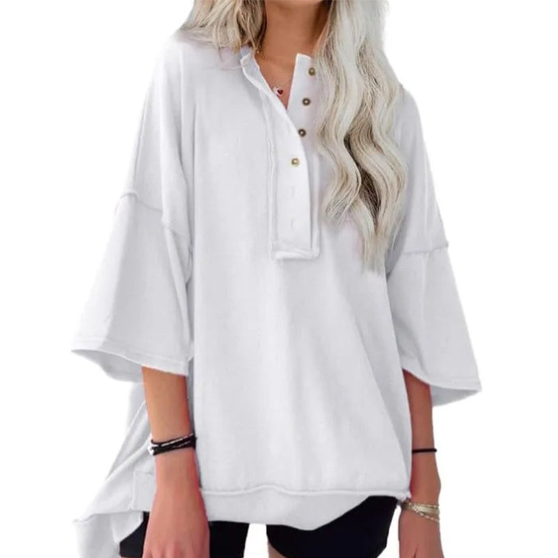 Solid Color Loose Fit Casual Half-Button Top