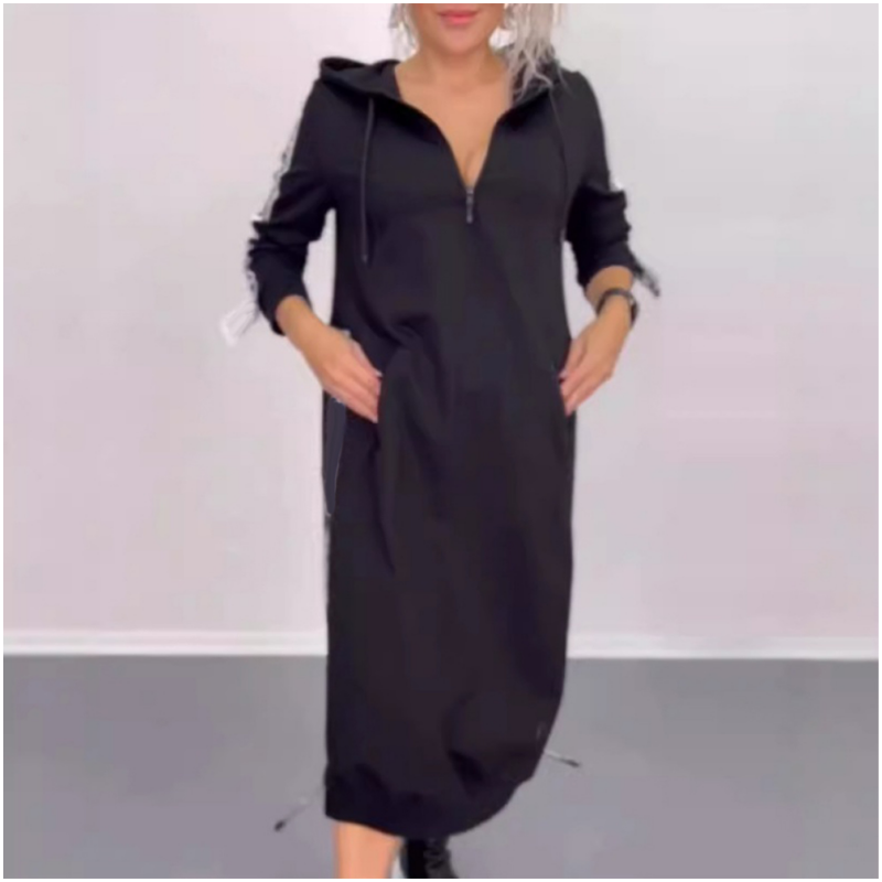 Hooded Dress with Side Slit and Zipper Collar